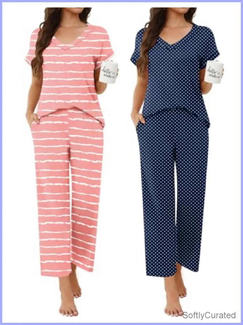 2 Pack Short Sleeve V Neck Pajama Lounge Sets with Pockets